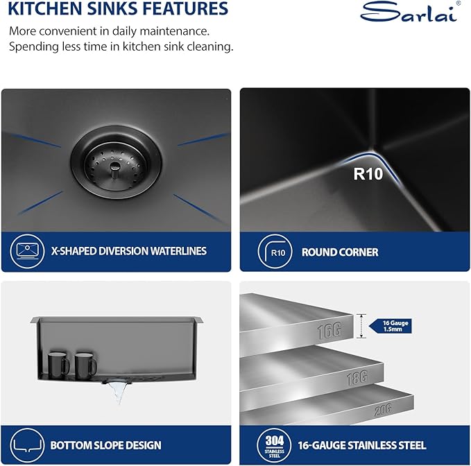 Sarlai 27 Undermount Kitchen Sink Black Stainless Steel - 27x19 Gunmetal Black Stainless Steel Kitchen Sink Undermount Workstataion 16 Guage Single Bowl Deep Sink for Kitchens