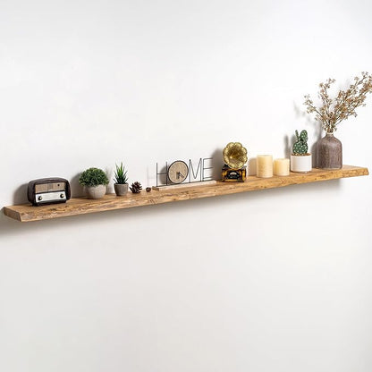 Fun Memories Floating Shelves for Wall Decor Set of 1-72 Inch Solid Elm Wood Live Edge - Rustic Natural Wall Shelves with Invisible Brackets - for Living Room, Bedroom, Kitchen - Natural Finish