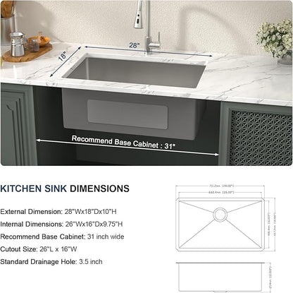 Lordear 28 Kitchen Sink Undermount 16 Gauge Stainless Steel Single Bowl Under Counter Handmade Kitchen Sink Basin, 28"x18"x10"