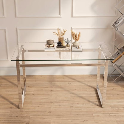 Goujxcy Glass Dining Table Modern 51'' Rectangle Kitchen Table for 4 with Tempered Glass Tabletop and Metal Legs for Kitchen, Dining Room, Restaurants (Silver)