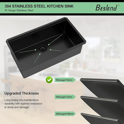 33 Inch Matte Black Workstation Kitchen Sink - Premium NANO-PVD Coated Undermount Sink, 16 Gauge Deep Single Bowl with Accessory Ledge & Round Corner, Fits 36” Cabinet (33"x19"x10")
