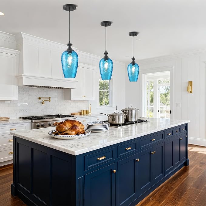 Pendant Lights Kitchen Island 2 Pack, Blue Glass Pendant Light Fixtures with Hammered Glass, Modern Hanging Light for Kitchen Sink Dining Room Bedroom