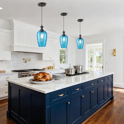 Pendant Lights Kitchen Island 2 Pack, Blue Glass Pendant Light Fixtures with Hammered Glass, Modern Hanging Light for Kitchen Sink Dining Room Bedroom