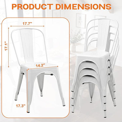 Shahoo Metal Dining Chairs Classic Iron Stackable Industrial Vintage Trattoria with Back, Indoor-Outdoor Side Settee for Home Bistro Cafe Kitchen Restaurant Set of 4, White