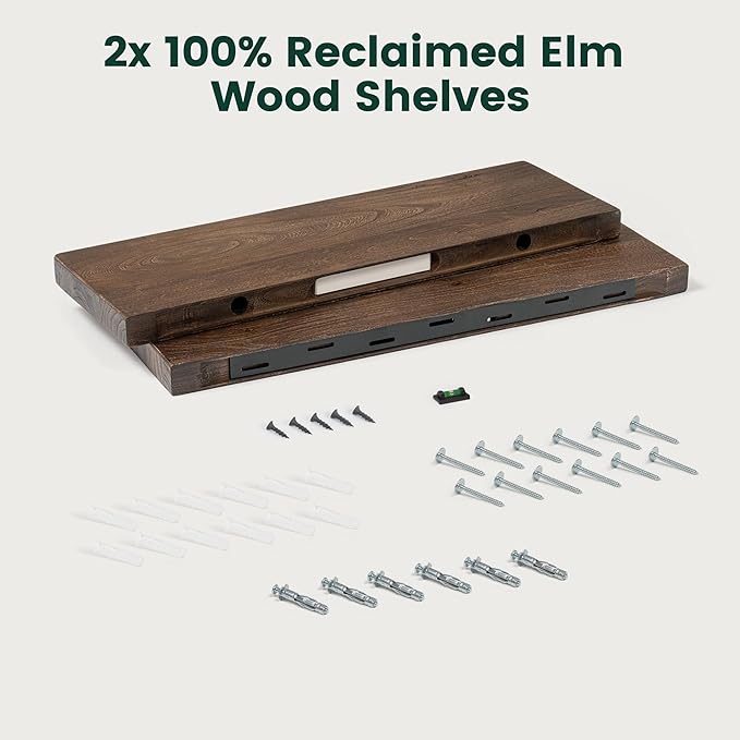24 Inch Flat Edge Floating Shelves, 8 Inch Deep Solid Elm Wood Wall Shelf, Heavy-Duty Wall Mounted Shelf with Invisible Brackets for Living Room, Bathroom, Kitchen, Set of 2, Walnut Color