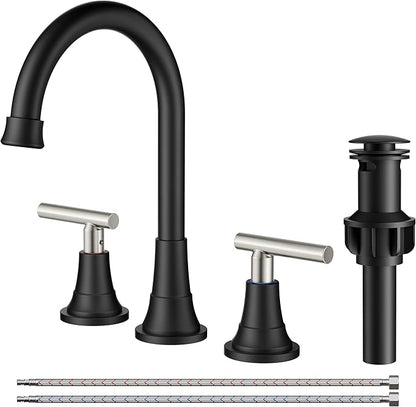 FORIOUS 8" Widespread Brushed Nickel and Black Bathroom Faucet 3 Hole, 2 Handle 360° Swivel Gooseneck 8 Inch Bthroom Sink Faucet 3 Hole Rv with Hot and Cold Water Hose, Farmhouse Restroom Renovation