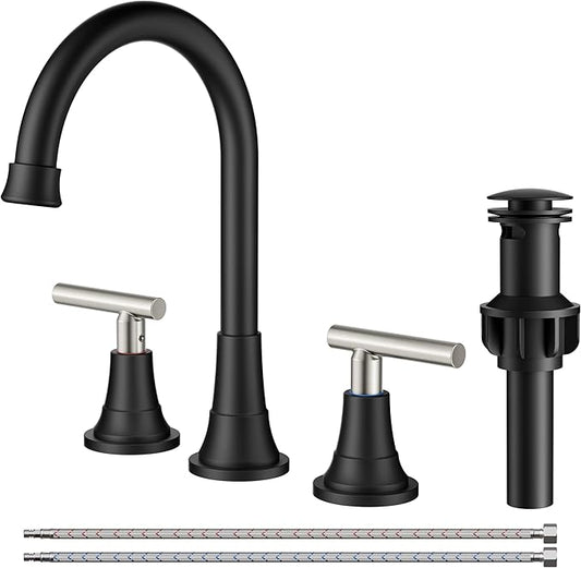 FORIOUS 8" Widespread Brushed Nickel and Black Bathroom Faucet 3 Hole, 2 Handle 360° Swivel Gooseneck 8 Inch Bthroom Sink Faucet 3 Hole Rv with Hot and Cold Water Hose, Farmhouse Restroom Renovation