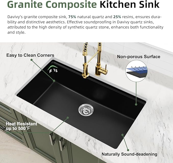 Davivy 33 Inch Black Granite Kitchen Sink Workstation, 33 x 19 Black Undermount Kitchen Sink, Dual Mount Installation, Deep Quartz Composite Single Bowl with Accessories