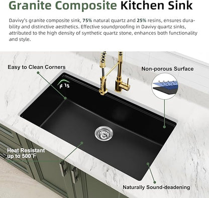 Davivy 33 Inch Black Granite Kitchen Sink Workstation, 33 x 19 Black Undermount Kitchen Sink, Dual Mount Installation, Deep Quartz Composite Single Bowl with Accessories