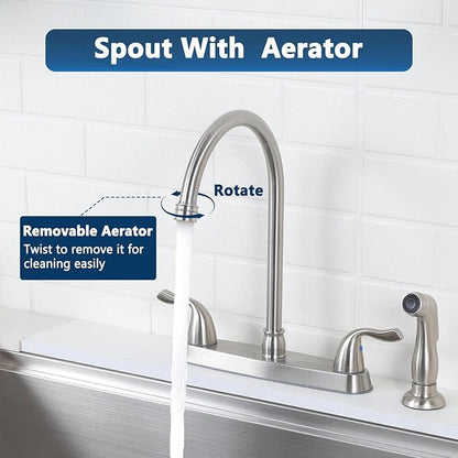 HOTIS Kitchen Faucet with Side Sprayer, 2 Handle 3 or 4 Hole Kitchen Sink Faucets 8 Inch RV Kitchen Faucet with Supply Lines, 360 Swivel Kitchen Faucet Brushed Nickel, HT-SLYT004L-S-1
