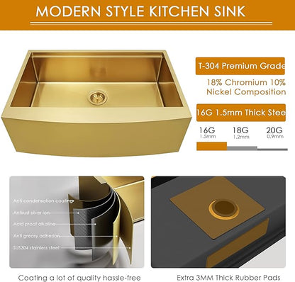 HEARCATE 33 Inch Luxury Gold Farmhouse Sink 16 Gauge Stainless Steel Workstation Undermount Apron Front Gold Kitchen Sink 10 Inch Deep Single Bowl Farm Sink