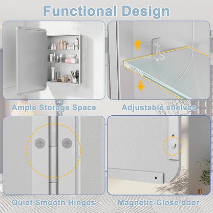 28x20 Inch Matte Silver Medicine Cabinet with Mirror for Bathroom, Aluminum Medicine Cabinet with Frosted Finish, Recessed or Wall Mount Medicine Chest, Modern Sleek Design, Fully Assembled