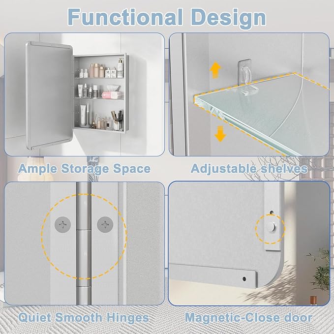 16x24 Inch Medicine Cabinet with Mirror for Bathroom, Silver Aluminum Bathroom Medicine Cabinet, Recessed or Wall Mount Medicine Chest Over Sink, Modern Farmhouse Style, Fully Assembled