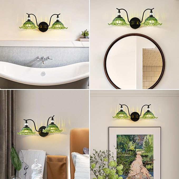 Vintage Bathroom Vanity Light Fixtures - 2 Light Antique Matte Black Bathroom Lights Fixture Over Mirror with Green Flower Glass,Retro High End Wall-Mounted Vanity Lighting for Bath Powder Room