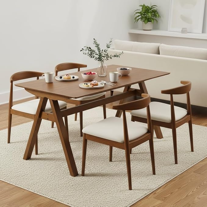 LukeAlon Solid Wood Dining Table 4-6-Seater 59" Large Farmhouse Kitchen Table, Heavy Duty Rustic Style, Natural Wood Dining Room Table for Home, Easy Assembly, Walnut