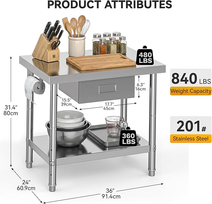 DWVO 36x24in Stainless Steel Table with Drawer, NSF Metal Prep Worktable for Kitchen Restaurant Hotel Garage Warehouse Home