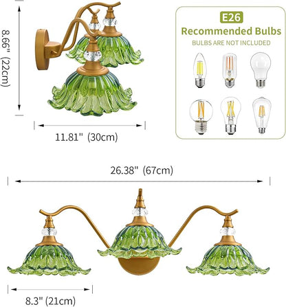 Vintage Bathroom Vanity Light Fixtures - 3 Light Antique Brass Bathroom Lights Fixture Over Mirror with Green Flower Glass,Retro Brushed Gold Bronze Wall-Mounted Vanity Lighting for Powder Room