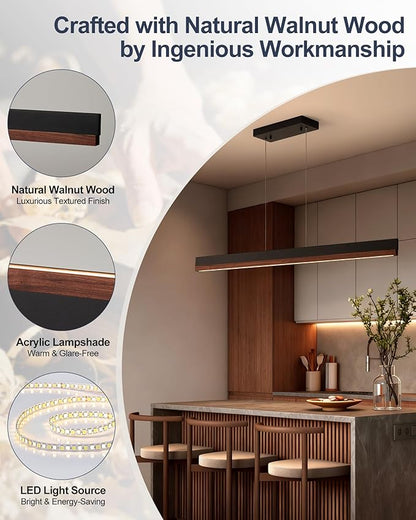 43" Wood Linear Pendant Light, 24W LED Dimmable Kitchen Hanging Lights, Pendant Lights Kitchen Island with Remote, Linear Chandelier for Dining Room, Kitchen Island, Bar, Pool Table-Walnut