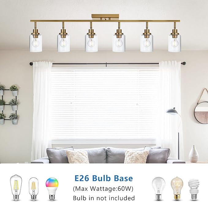 MELUCEE 6 Light Bathroom Vanity Light Fixtures Multi-Directional Rotating Track Lighting Kit Brass, 45.3 Inch Ceiling Spotlight Fixture for Kitchen Foyer Bath, Clear Glass Shade