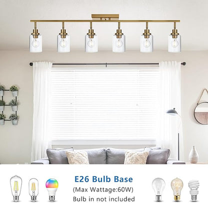 MELUCEE 6 Light Bathroom Vanity Light Fixtures Multi-Directional Rotating Track Lighting Kit Brass, 45.3 Inch Ceiling Spotlight Fixture for Kitchen Foyer Bath, Clear Glass Shade