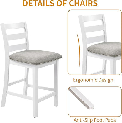 Bar Table Set with Charging Station & 3-Tier Storage, Space-Saving Dining Table Set for 2 with Upholstered Chairs, Small Kitchen Island for Apartment (30 Inch+Off White)
