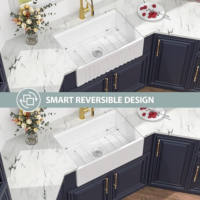30 White Farmhouse Kitchen Sink - Kichae 30X20 Inch Ledge Workstation Reversible Apron Front Fireclay Ceramic Porcelain Farm Sinks Single Bowl Farmer Sink with Cutting Board