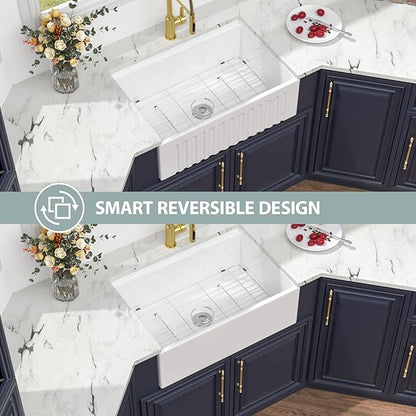 30 White Farmhouse Kitchen Sink - Kichae 30X20 Inch Ledge Workstation Reversible Apron Front Fireclay Ceramic Porcelain Farm Sinks Single Bowl Farmer Sink with Cutting Board