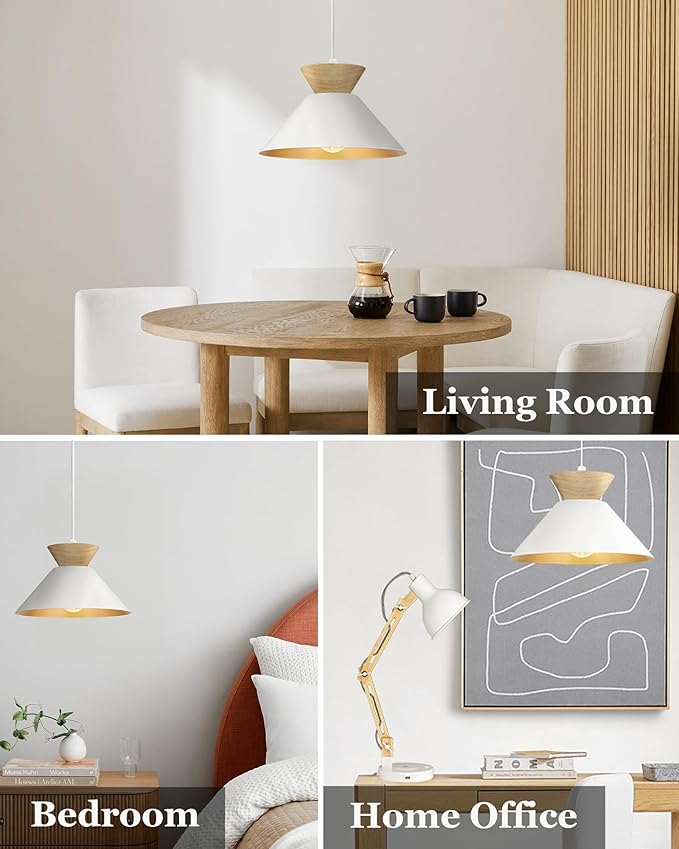 ELYONA Modern Pendant Light Fixtures 10" Solid Wood Hanging Lamp Nordic White Metal & Gold Inner Finish Boho Pendant Light for Farmhouse Kitchen Island Dining Room Bedroom Living Room Hallway