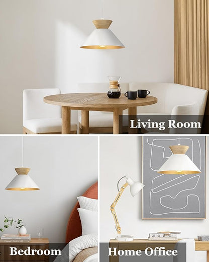 ELYONA Modern Pendant Light Fixtures 10" Solid Wood Hanging Lamp Nordic White Metal & Gold Inner Finish Boho Pendant Light for Farmhouse Kitchen Island Dining Room Bedroom Living Room Hallway