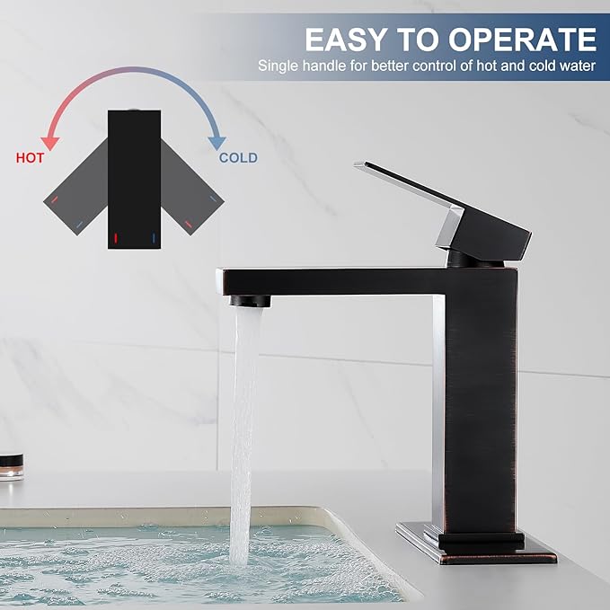 AVSIILE Oil Rubbed Bronze Bathroom Faucet, Single Hole Vanity Bath Faucet, Single Handle Modern Stainless Steel Bathroom Faucets for Sink 1 Hole with Pop Up Drain Stopper & Water Supply Hoses