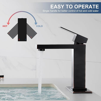 AVSIILE Oil Rubbed Bronze Bathroom Faucet, Single Hole Vanity Bath Faucet, Single Handle Modern Stainless Steel Bathroom Faucets for Sink 1 Hole with Pop Up Drain Stopper & Water Supply Hoses