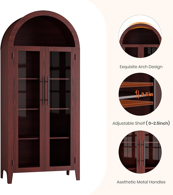Garvee Arched Kitchen Pantry Storage Cabinet - 5-Tier Open Display Shelf with Glass Doors, Farmhouse Storage Cabinet for Kitchen, Dining Room, Living Room, Walnut
