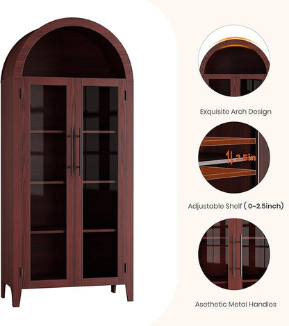 Garvee Arched Kitchen Pantry Storage Cabinet - 5-Tier Open Display Shelf with Glass Doors, Farmhouse Storage Cabinet for Kitchen, Dining Room, Living Room, Walnut