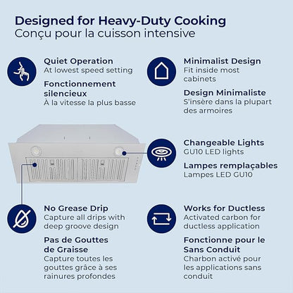 Hauslane Range Hood Insert 36 Inch, Hood Vent for Kitchen | Low Noise Performance, Professional-Grade Baffle Filters, LED Lamps, Stainless Steel Ductless Range Hood, Kitchen Vent Hood 11.25” Deep