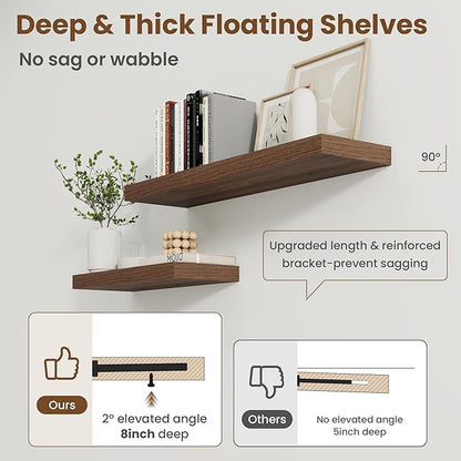 24 Inch Floating Shelves for Wall, 8 Inch Deep Floating Shelf for Storage & Display, Rustic Wall Mounted Shelf with Invisible Brackets for Living Room, Kitchen, Bathroom, Home Decor, Set of 2, Walnut