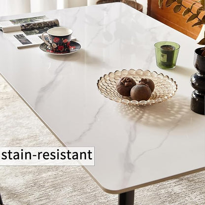 Sintered Stone Dining Table, Faux Marble Dining Table for 4-6 People, 55" Rectangular White Kitchen Table with Porcelain Table Top and Metal Legs for Living Room(1 Table Only)