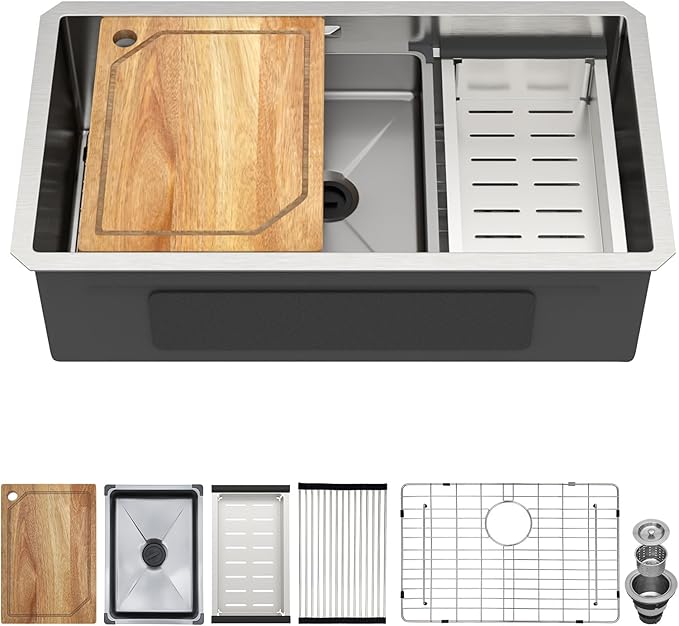 30 Inch Undermount Kitchen Sink, 16 Gauge 304 Stainless Steel Single Bowl Workstation Sink with Cutting Board, Colander, Wash Basin, Drying Rack & Bottom Grid #TLU-0030