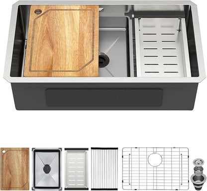 30 Inch Undermount Kitchen Sink, 16 Gauge 304 Stainless Steel Single Bowl Workstation Sink with Cutting Board, Colander, Wash Basin, Drying Rack & Bottom Grid #TLU-0030