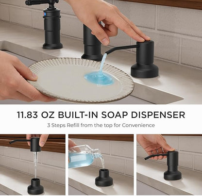 FORIOUS 3 Hole Black Kitchen Faucet with Soap Dispenser, Stainless Steel Vintage Pull Down Sprayer Kitchen Sink Faucet with Single Seperate Handle, Suitable for Farmhouse Outdoor Camper Rv Bar