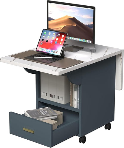 39.4“ Rolling Folding Table with Storage Drawer, Multi-Functional Expandable Dining Table & Kitchen Island on Wheels, Mobile Space-Saving Desk with Marble Top