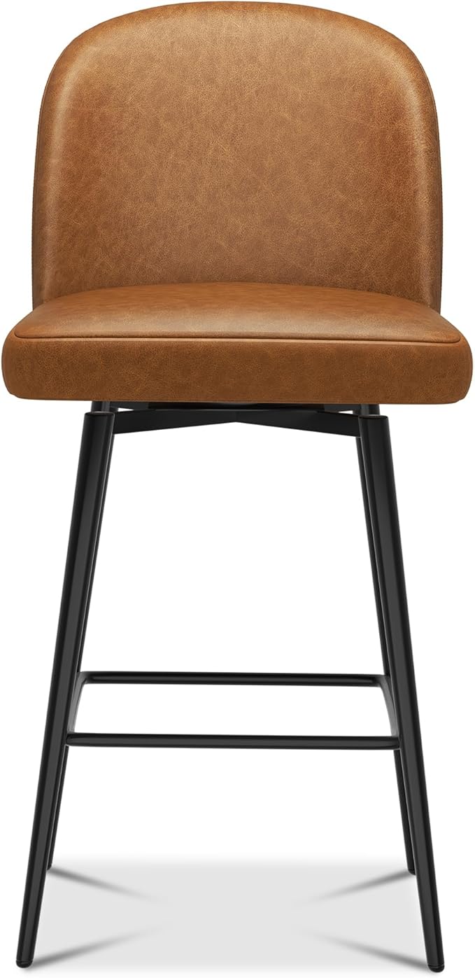 Swivel Bar Stools Set of 2, 26 Inch Faux Leather Counter Height Barstools with Back and Metal Frame, Upholstered Counter Stools for Kitchen Island, Dining Room, Pub, Saddle Brown