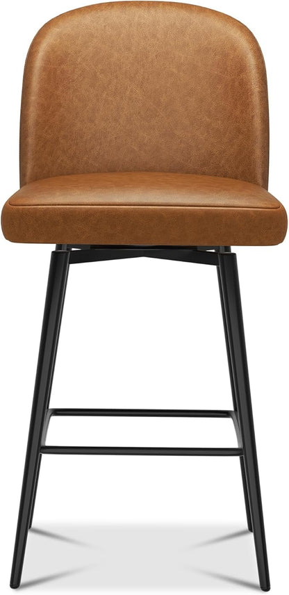 Swivel Bar Stools Set of 2, 26 Inch Faux Leather Counter Height Barstools with Back and Metal Frame, Upholstered Counter Stools for Kitchen Island, Dining Room, Pub, Saddle Brown