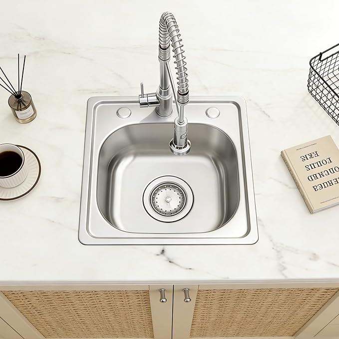 MILOSEN 15 x 15 inch Drop in Bar Sink, T304 Stainless Steel RV Kitchen Sinks, 8'' Deep Outdoor Single Bowl Wet Bar&Prep Small Topmount RV Sinks with Strainer, Brushed Nickel