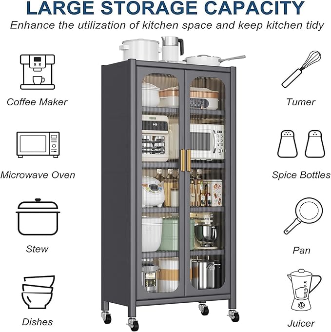 Runboll Kitchen Pantry Storage Cabinet, 6 Tier Metal Sideboard with Wheels and Acrylic Glass Door, Modern Display Curio Cabinet Bookcase