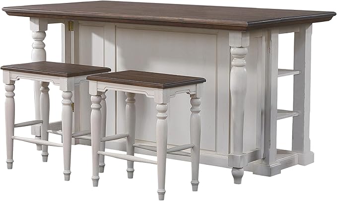 Sunset Trading French Chic w 2 Backless Stools 3PC Fully Assembled 71" Dropleaf Kitchen Island Set, Distressed Antique White and Walnut Brown