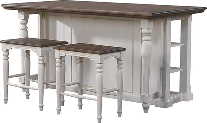 Sunset Trading French Chic w 2 Backless Stools 3PC Fully Assembled 71" Dropleaf Kitchen Island Set, Distressed Antique White and Walnut Brown