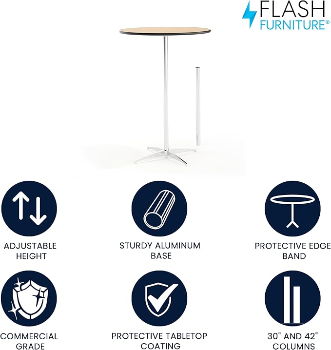 Flash Furniture Lars 30" Round Cocktail Table with 30" and 42" Columns, Adjustable Standard or Bar Height Round Table for Events or Home Use, Natural