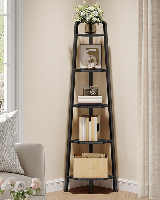 CHOEZON Corner Shelf, 5-Tier Ladder Corner Shelf, Ladder Bookshelf, 59.6" Tall Vertical Display Stand, Metal Frame Bookshelf, for Living Room, Bedroom, Kitchen, Black TCJ20BB