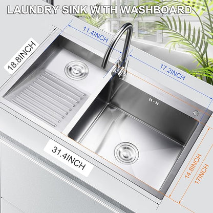 Laundry Utility Sink With Washboard Stainless Steel Kitchen Sink Household Pool Balcony Room Wash Basin Easy Clean Double-Bowl 800mm/31.5Inch