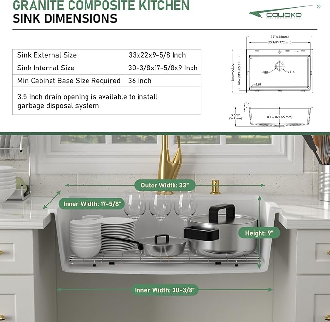 33x22 White Drop In Kitchen Sink Workstation - Couoko White Drop In Granite Composite Kitchen Sinks Quartz Classic Large Deep Topmount Single Bowl Sink Basin with Luxury Accessories
